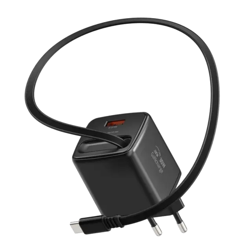Зарядно Swissten Slide, GaN, 30W 1×USB-A, 18W, Retractable, USB-C, 0.75m, черен
