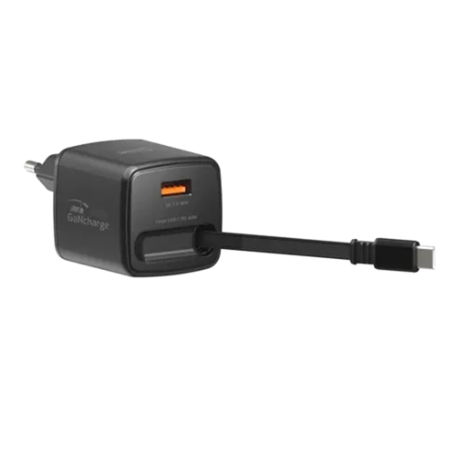 Зарядно Swissten Slide, GaN, 30W 1×USB-A, 18W, Retractable, USB-C, 0.75m, черен