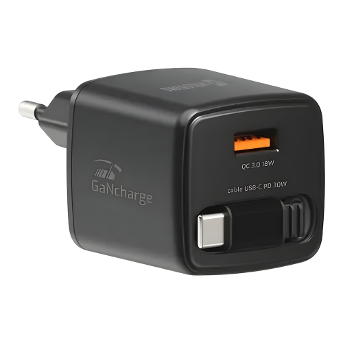 Зарядно Swissten Slide, GaN, 30W 1×USB-A, 18W, Retractable, USB-C, 0.75m, черен