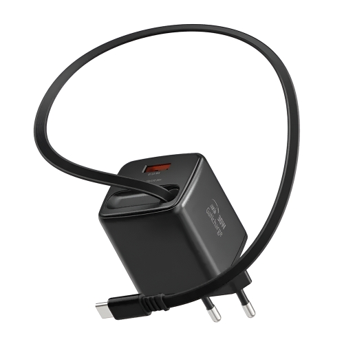 Зарядно Swissten Slide, GaN, 30W 1×USB-A, 18W, Retractable, USB-C, 0.75m, черен