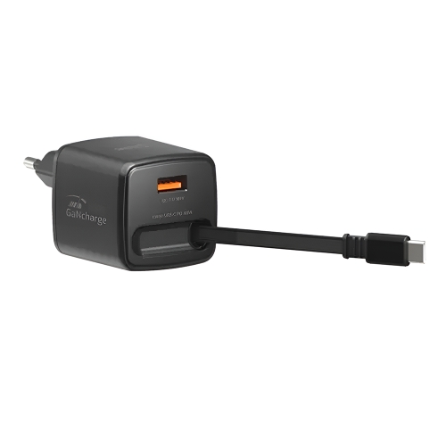 Зарядно Swissten Slide, GaN, 30W 1×USB-A, 18W, Retractable, USB-C, 0.75m, черен