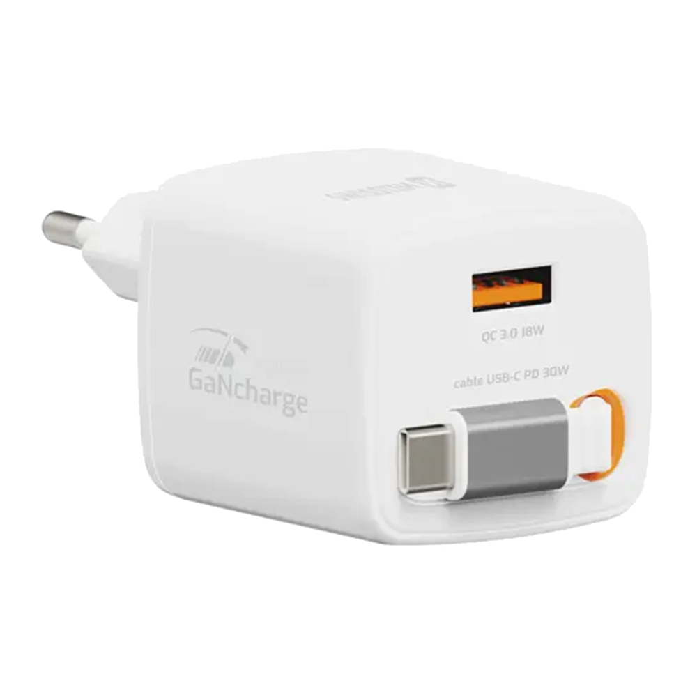 Зарядно Swissten Slide, GaN, 30W, 1×USB-A, 18W, Retractable, USB-C, 0.75m, бял