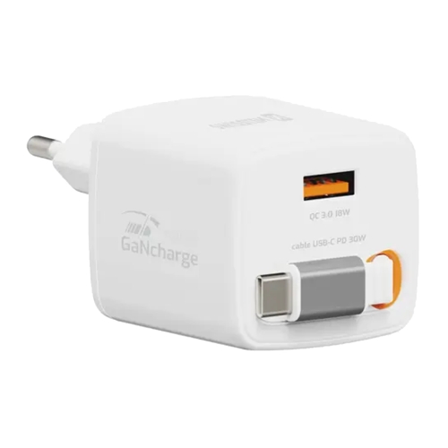 Зарядно Swissten Slide, GaN, 30W, 1×USB-A, 18W, Retractable, USB-C, 0.75m, бял