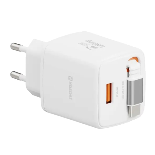 Зарядно Swissten Slide, GaN, 30W, 1×USB-A, 18W, Retractable, USB-C, 0.75m, бял