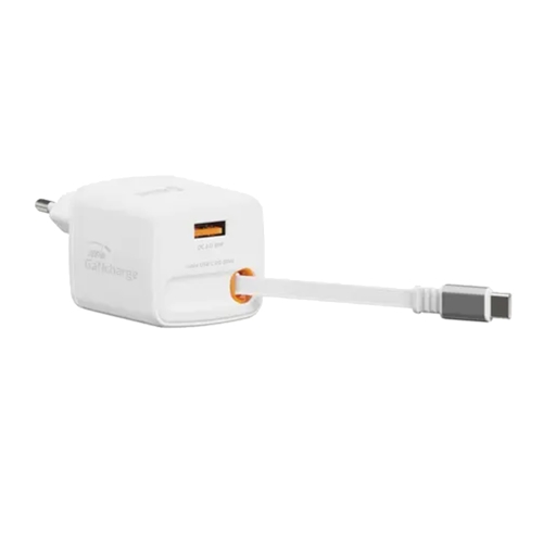 Зарядно Swissten Slide, GaN, 30W, 1×USB-A, 18W, Retractable, USB-C, 0.75m, бял