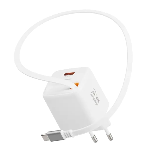 Зарядно Swissten Slide, GaN, 30W, 1×USB-A, 18W, Retractable, USB-C, 0.75m, бял