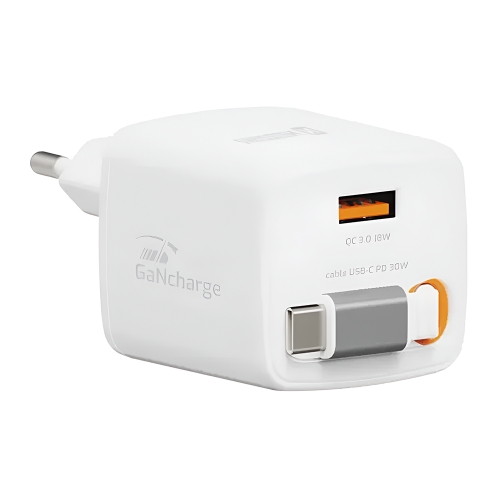 Зарядно Swissten Slide, GaN, 30W, 1×USB-A, 18W, Retractable, USB-C, 0.75m, бял