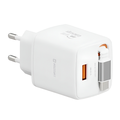 Зарядно Swissten Slide, GaN, 30W, 1×USB-A, 18W, Retractable, USB-C, 0.75m, бял