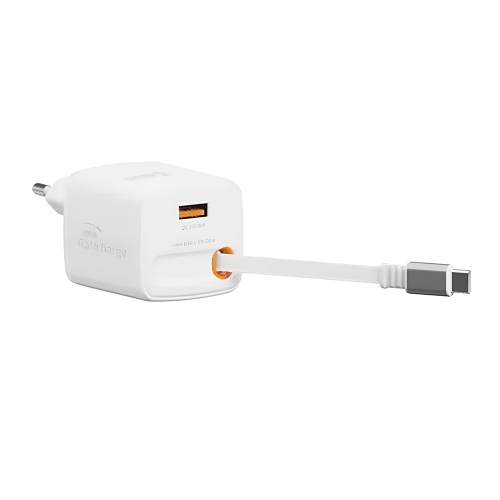 Зарядно Swissten Slide, GaN, 30W, 1×USB-A, 18W, Retractable, USB-C, 0.75m, бял