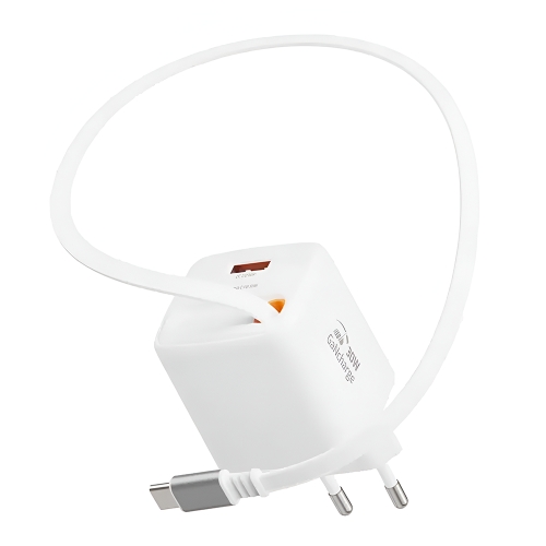 Зарядно Swissten Slide, GaN, 30W, 1×USB-A, 18W, Retractable, USB-C, 0.75m, бял