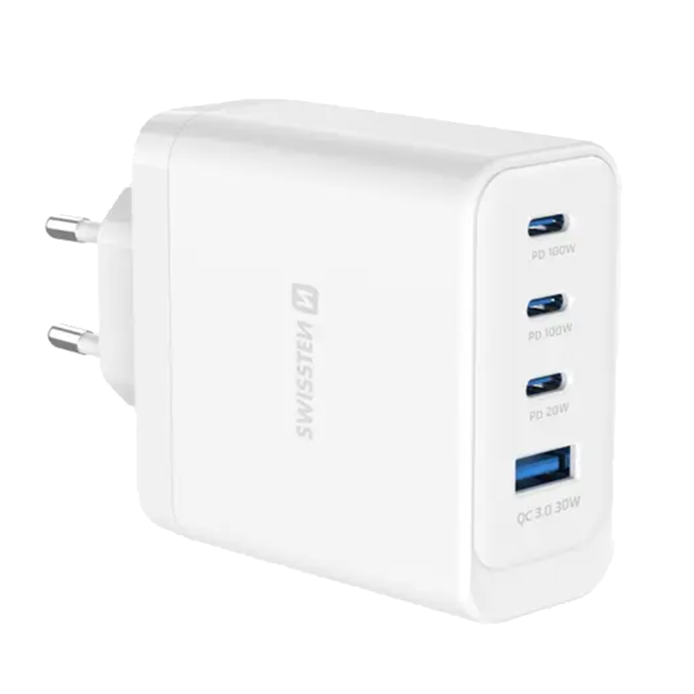 Зарядно Swissten Core, GaN, 2xUSB-C, PD, 100W + 1xUSB-C, PD, 20W + 1x USB-A, QC, 30W, QC, бял 