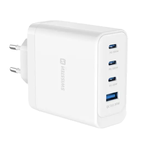 Зарядно Swissten Core, GaN, 2xUSB-C, PD, 100W + 1xUSB-C, PD, 20W + 1x USB-A, QC, 30W, QC, бял 
