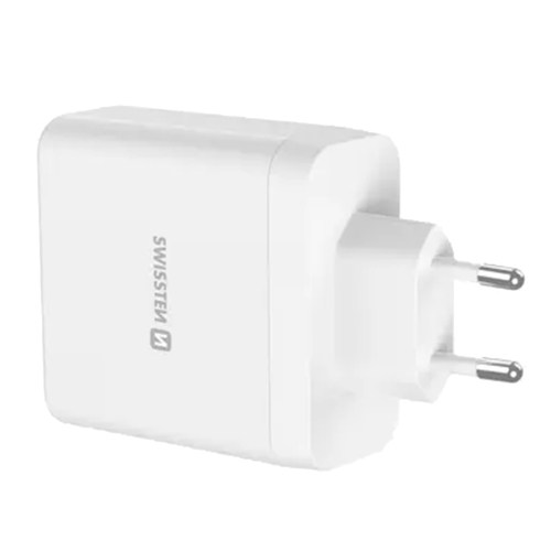 Зарядно Swissten Core, GaN, 2xUSB-C, PD, 100W + 1xUSB-C, PD, 20W + 1x USB-A, QC, 30W, QC, бял 