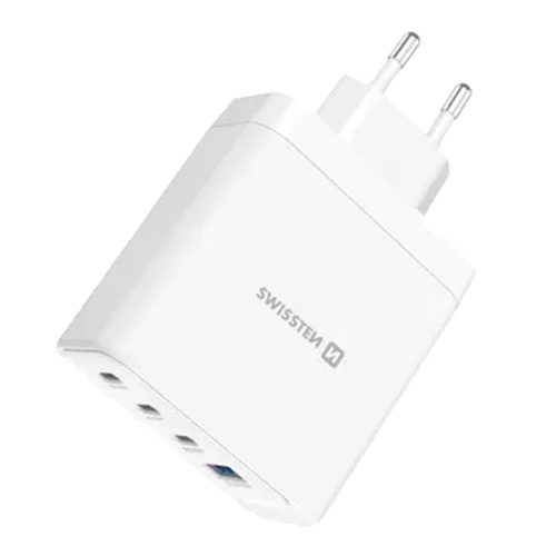 Зарядно Swissten Core, GaN, 2xUSB-C, PD, 100W + 1xUSB-C, PD, 20W + 1x USB-A, QC, 30W, QC, бял 