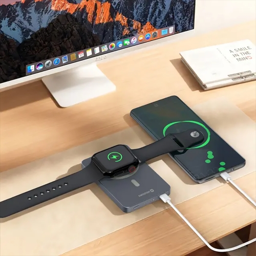Външна батерия SWISSTEN Fusion, 5000mAh, APPLE WATCH CHARGER (MagSafe compatible), сребърен